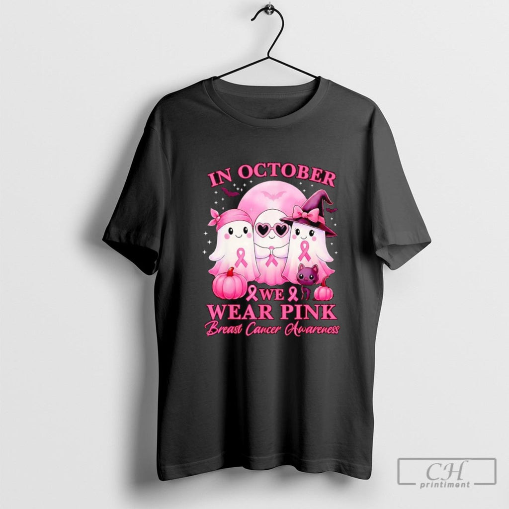 Ghost In October We Wear Pink Breast Cancer Awareness Halloween Shirt Sweater