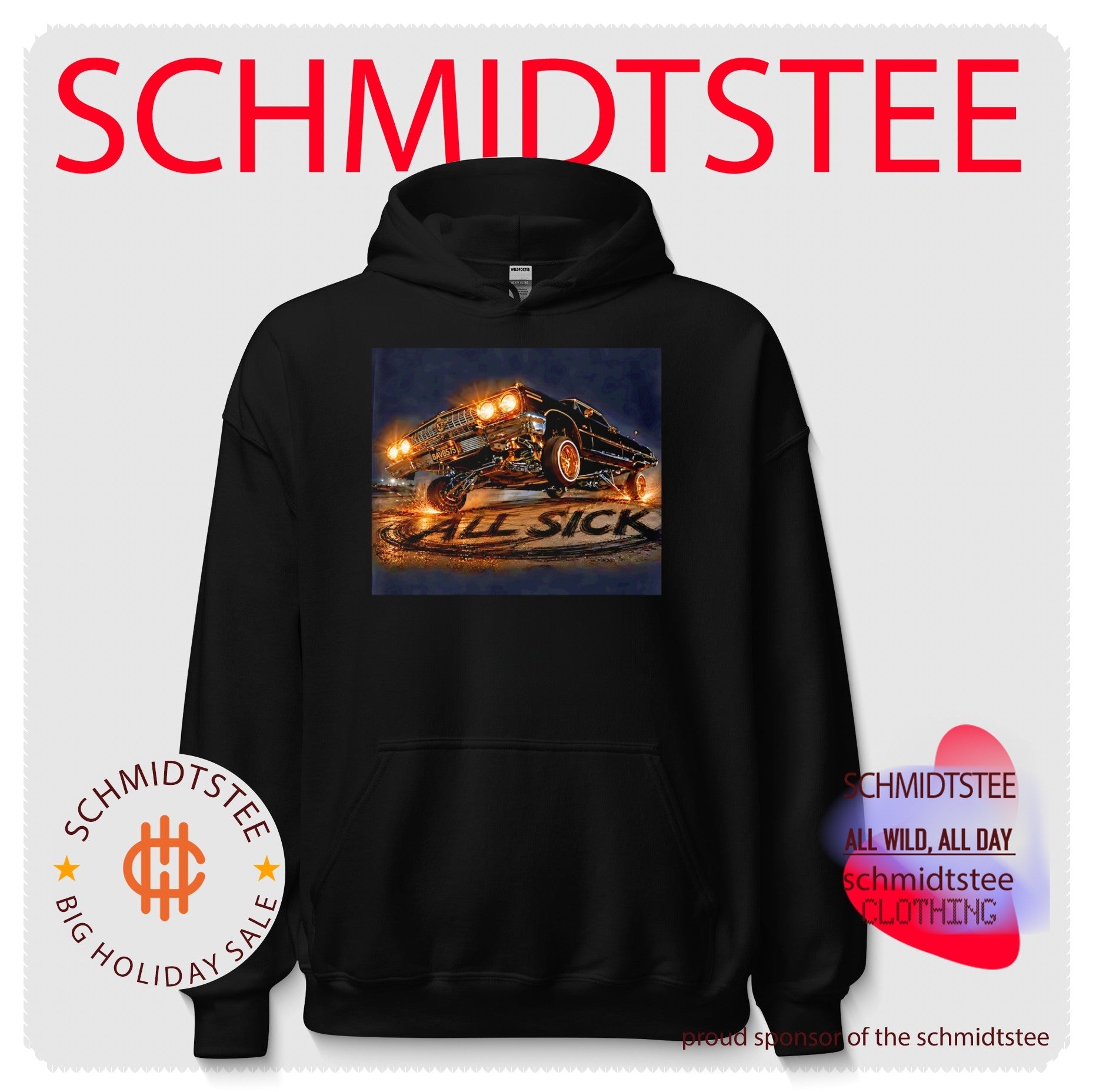 Impala lowrider in three-wheel motion illustration shirt