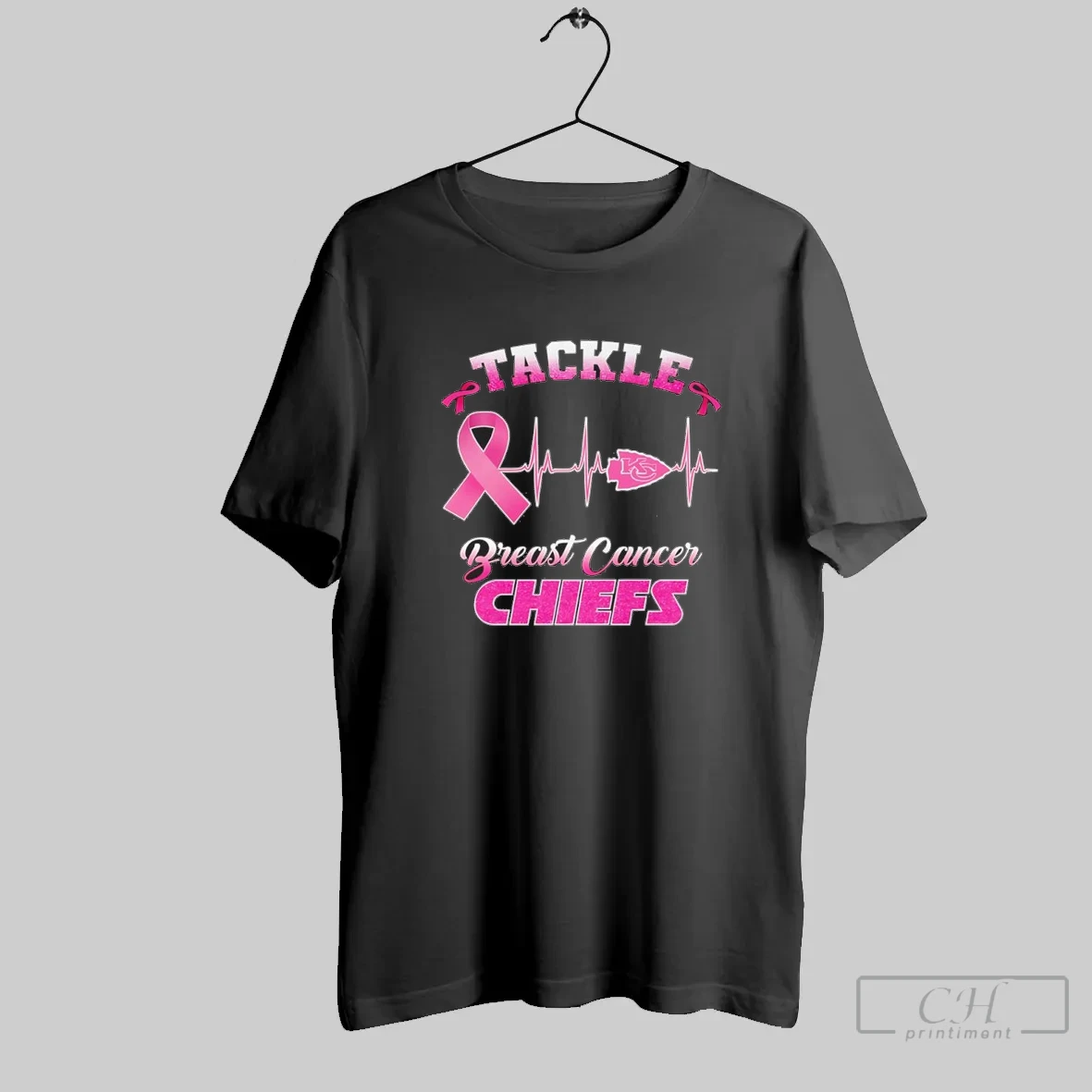 Kansas City Chiefs Football Tackle Breast Cancer Heart Rate Pink Ribbon T Shirt