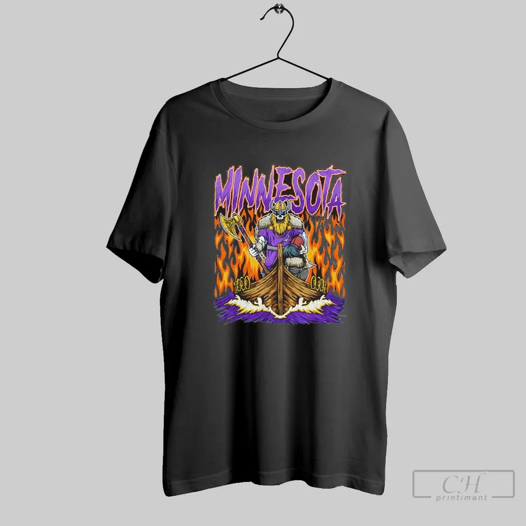 Minnesota Viking Football Skeleton With Axe On Ship Burning Retro Style T Shirt