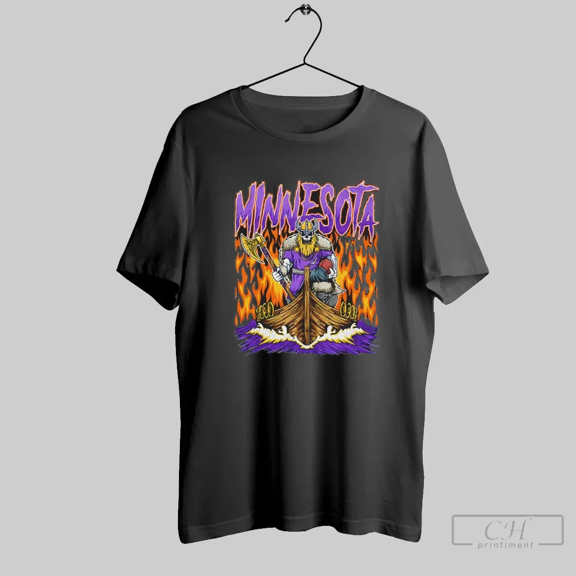 Minnesota Viking Football Skeleton With Axe On Ship Burning Retro Style T Shirt