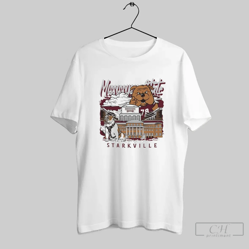 Mississippi State Bulldogs Football Welcome To Starkville Hand Drawn Campus Masot T Shirt