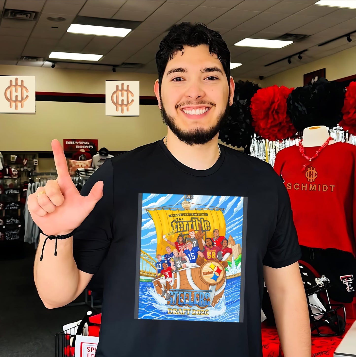 Myron Cope’s Official The Terrible Towel features players on a ship graphic shirt