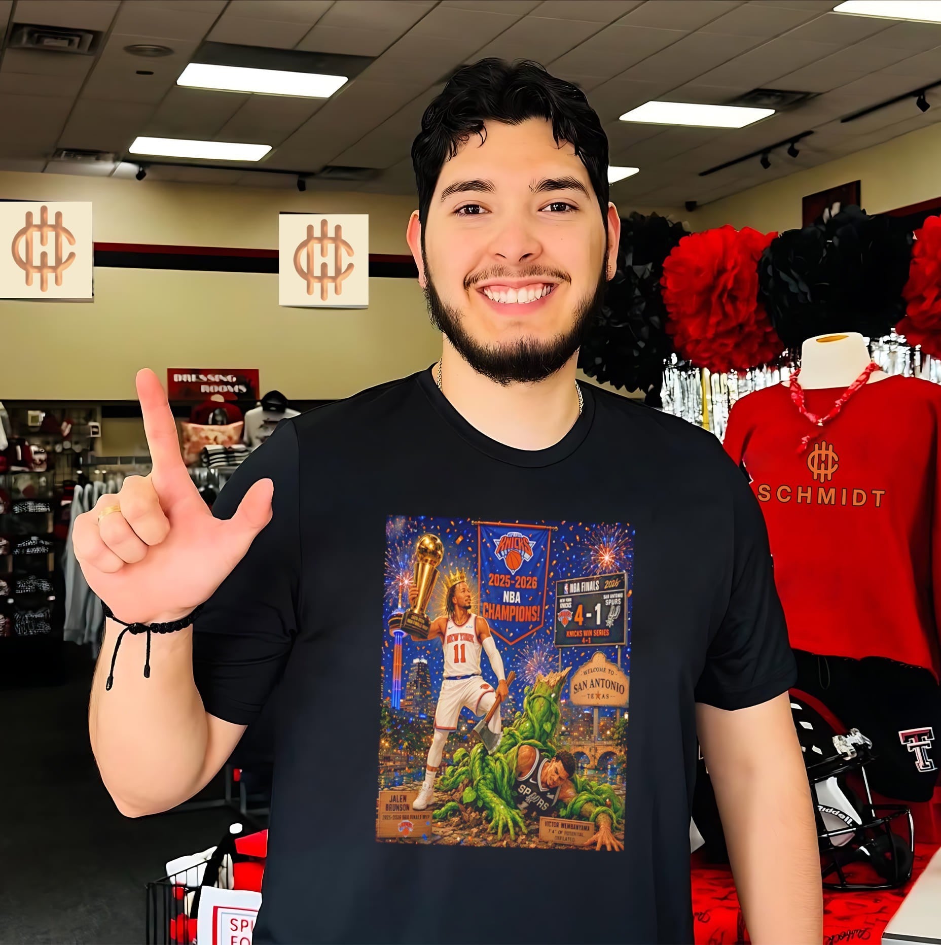 New York Knicks 2025-2026 NBA Champions Jalen Brunson holding trophy shirt