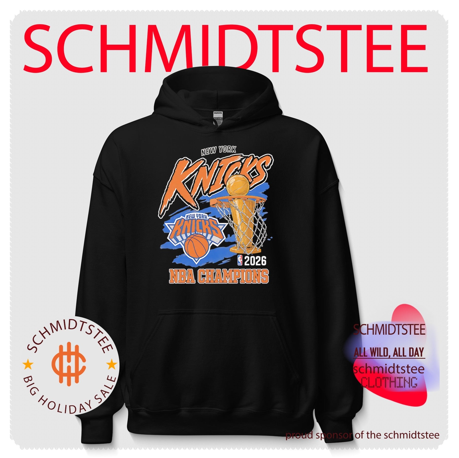 New York Knicks 2026 NBA Champions trophy in basketball hoop vintage shirt