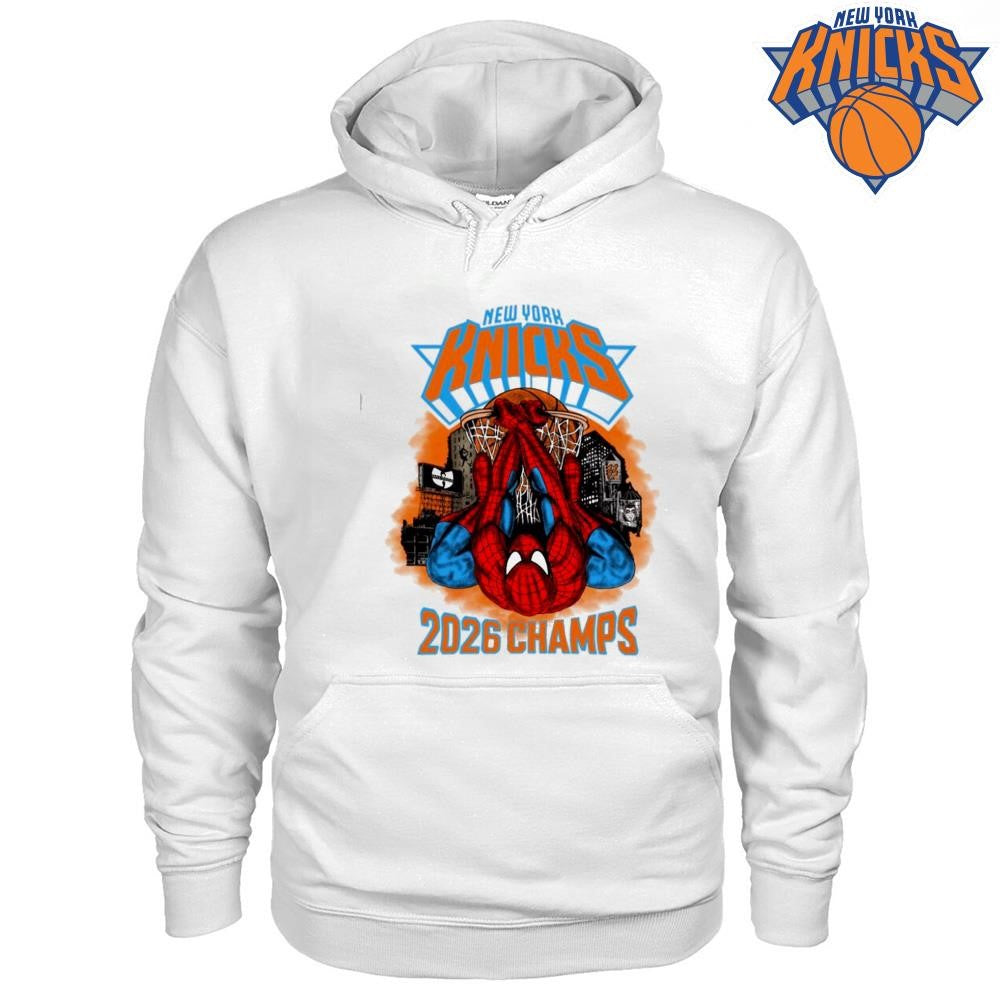 New York Knicks Champions NBA 2026 Spider Man Dunking Graphic White Shirt