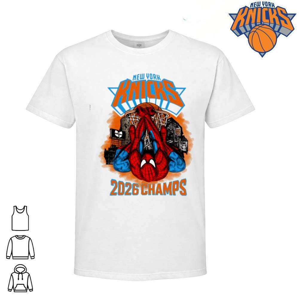 New York Knicks Champions NBA 2026 Spider Man Dunking Graphic White Shirt
