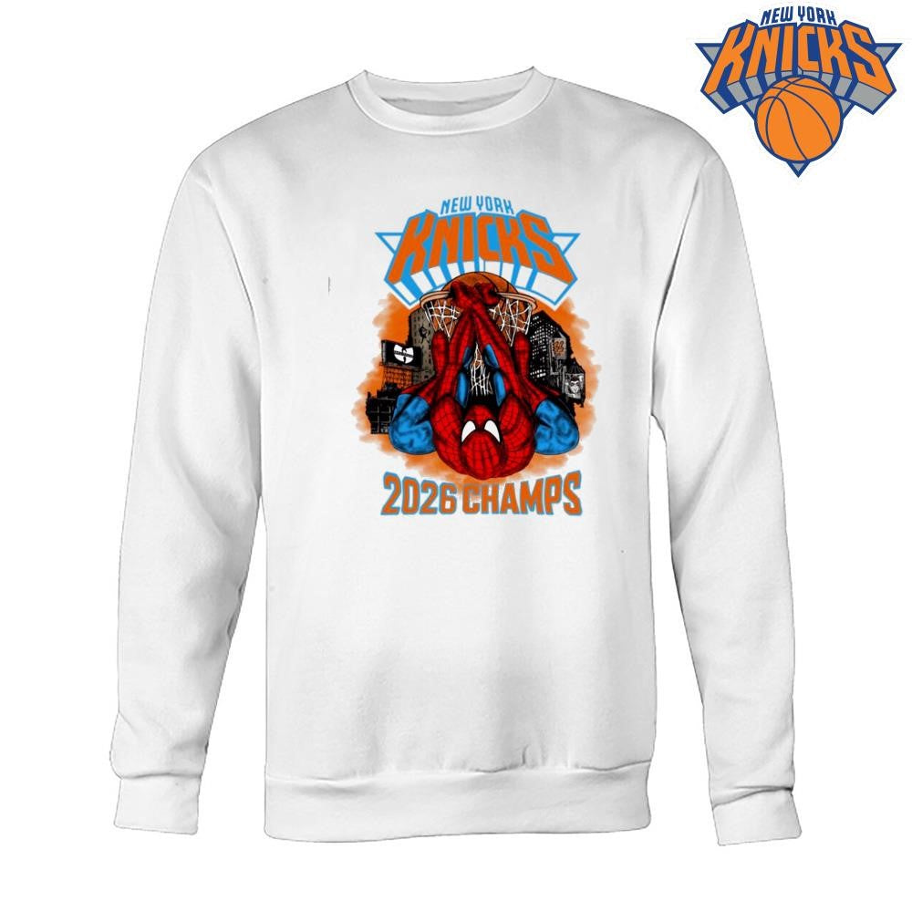 New York Knicks Champions NBA 2026 Spider Man Dunking Graphic White Shirt