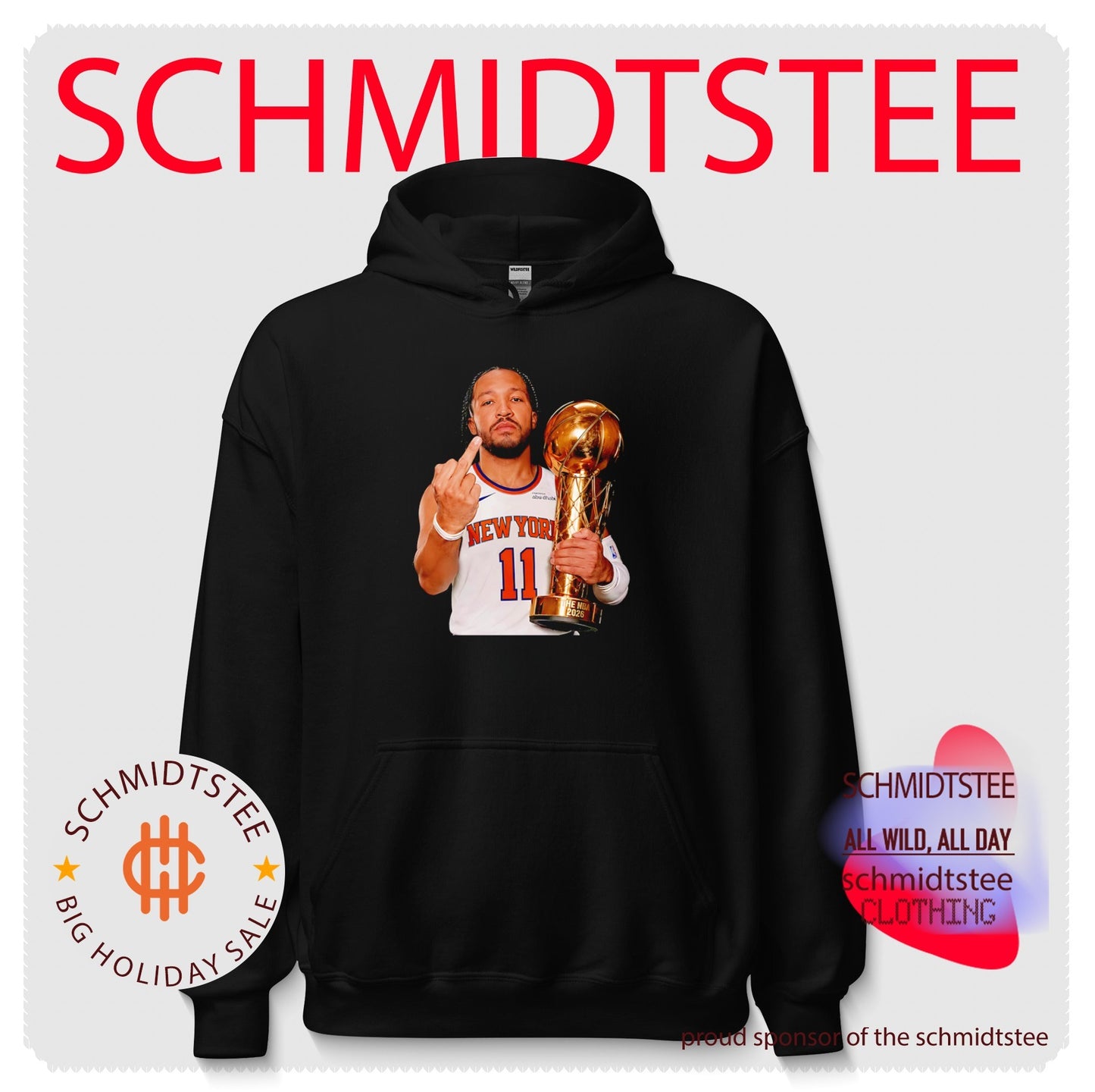 New York Knicks Jalen Brunson holding trophy middle finger shirt
