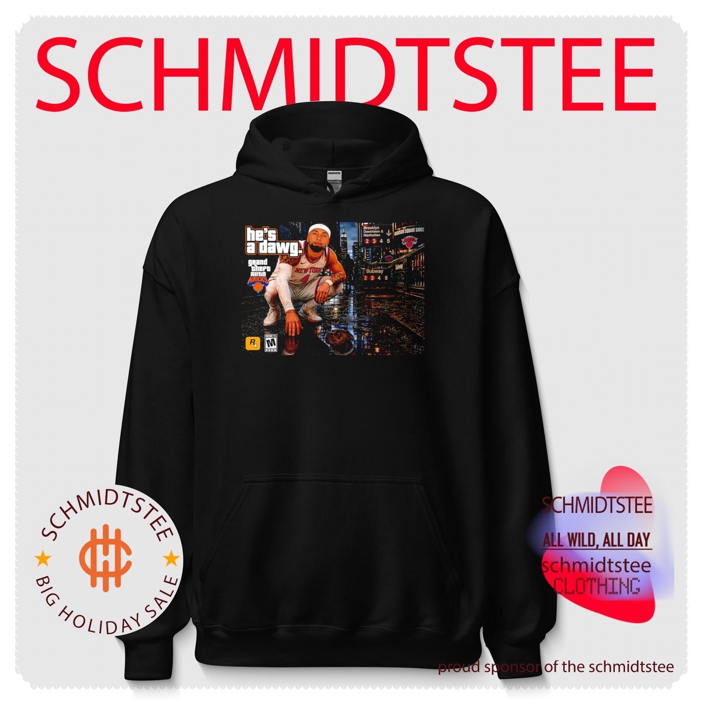 New York Knicks Jose Alvarado he’s a dawg sitting pose city street background shirt