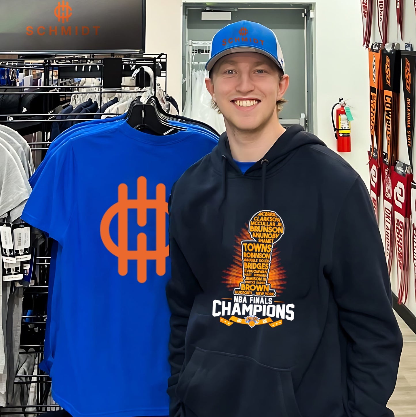 New York Knicks basketball 2026 NBA Finals Champions trophy player name shirt