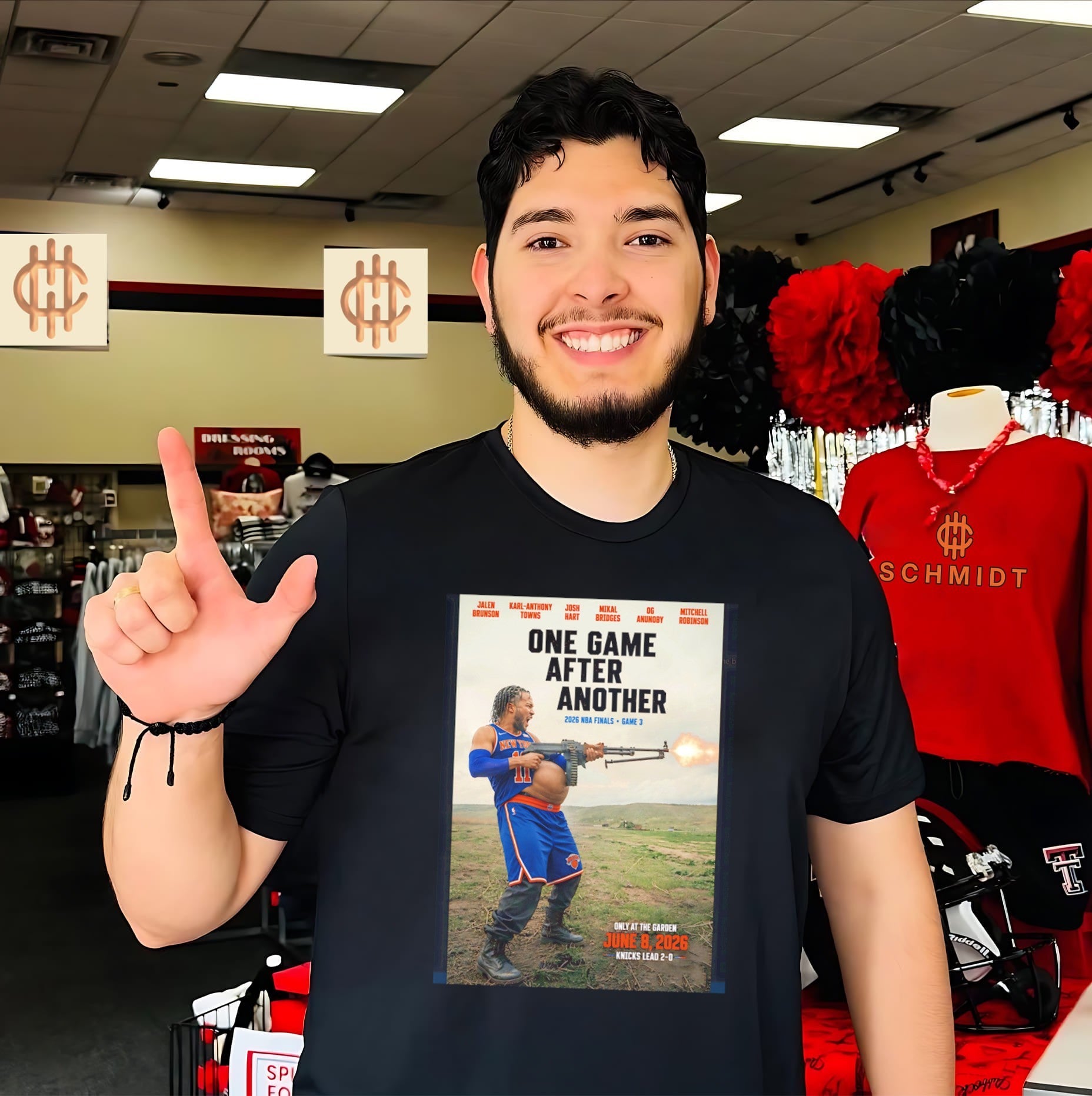 New York Knicks one game after another Jalen Brunson holding rifle shirt