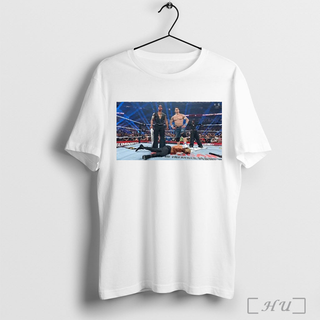 Nice The Rock John Cena Standing Above Cody Rhodes 2025 T Shirt
