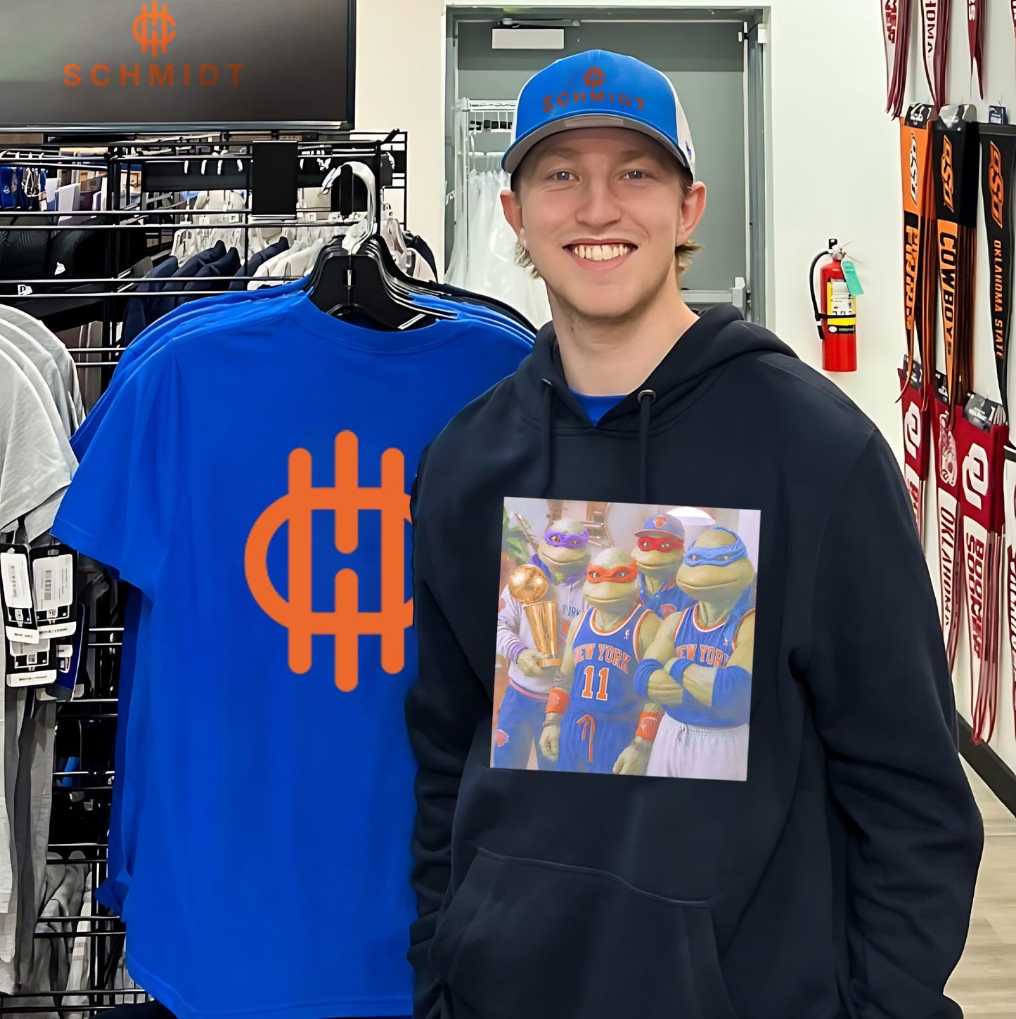Ninja Turtles wearing New York Knicks jersey holding trophy illustrated shirt