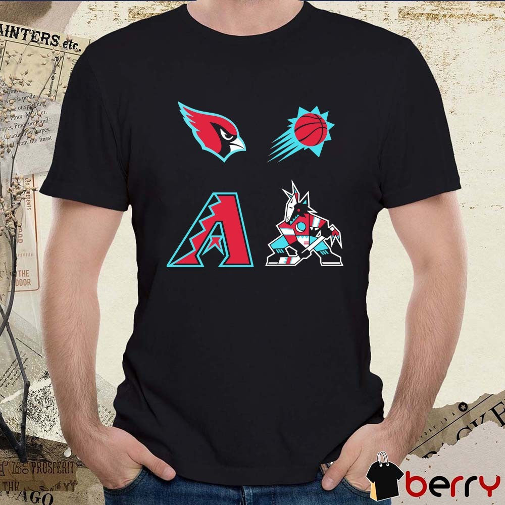 2026 Arizona Cardinals NFL, Phoenix Suns NBA, Arizona Diamondbacks MLB and Arizona Coyotes NHL Logos t-shirt
