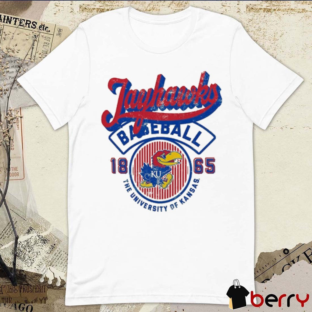2026 Kansas Jayhawks Baseball The University Of Kansas 1865 Vintage Script Baseball Stripes t-shirt