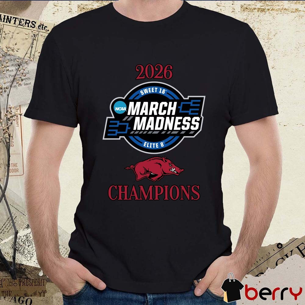 Arkansas Razorbacks 2026 NCAA March Madness Sweet 16 Elite 8 Champions Logo t-shirt
