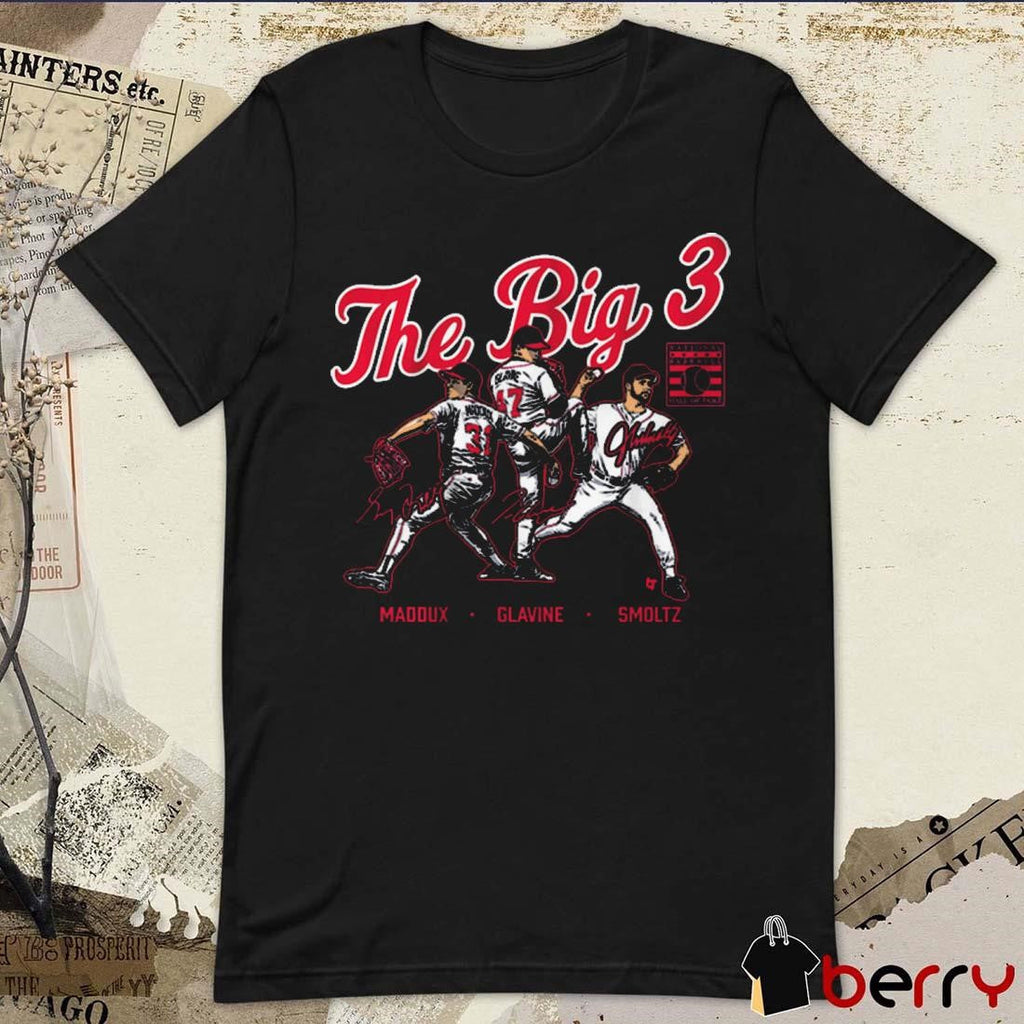 Atlanta Braves Greg Maddux, Tom Glavine and John Smoltz The Big 3 National Baseball Hall Of Fame 2025 Signatures t-shirt