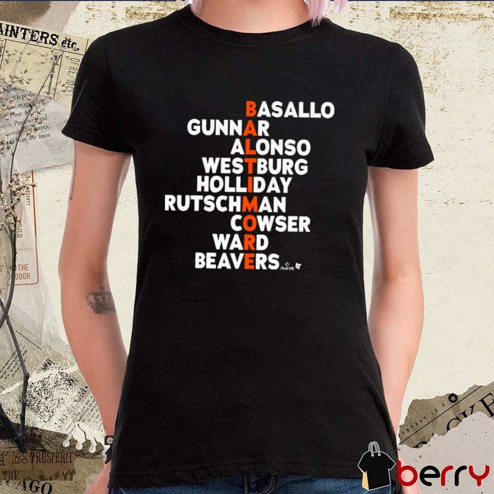 Baltimore Baseball Names 2026 Basallo Gunnar Alonso Westburg Holliday Rutschman Cowser Ward Beavers t-shirt
