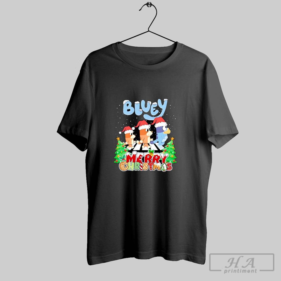Official Bluey Merry Christmas Cartoon Dog Family And Santa Hats