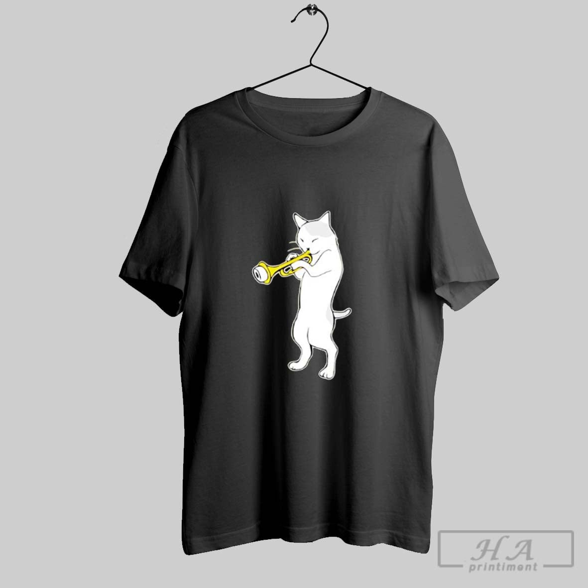 Official Cat Standing Playing A Golden Trumpet Posters Black