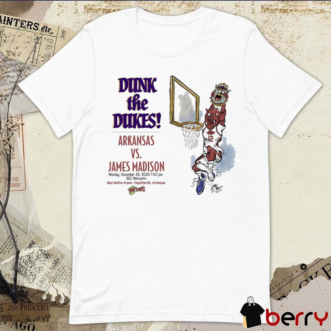 Dunk The Dukes Arkansas vs. James Madison 2025 Bud Walton Arena, Fayetteville, Arkansas Mascot t-shirt