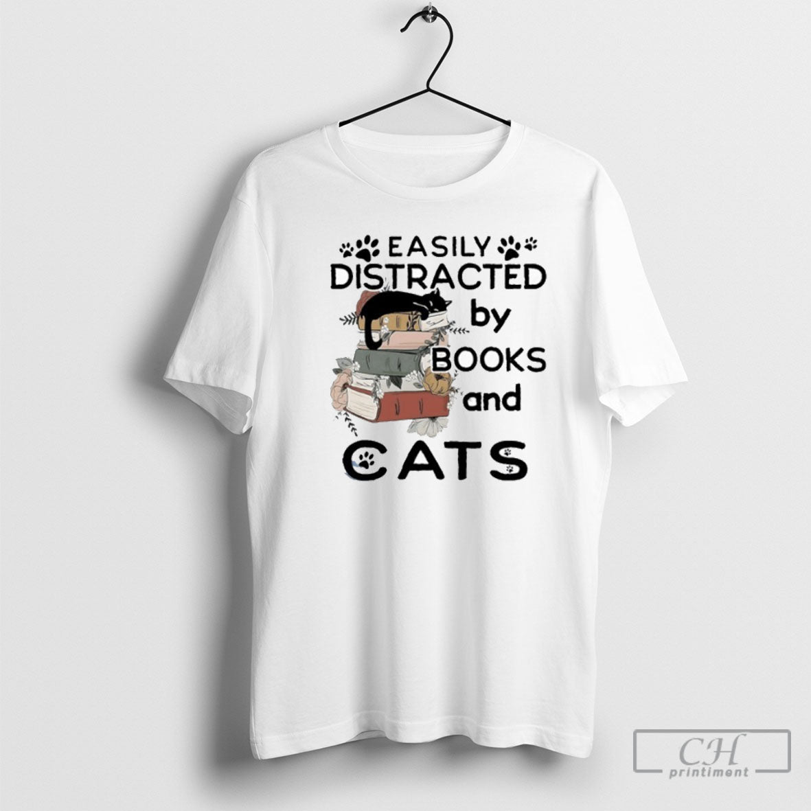 Official Easily Distracted By Books And Cats Shirt