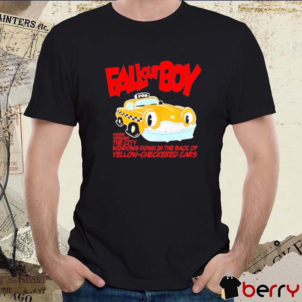 Falloutboy Racing Through The City Windows Down In The Dark Of Yellow Checkered Cars New t-shirt