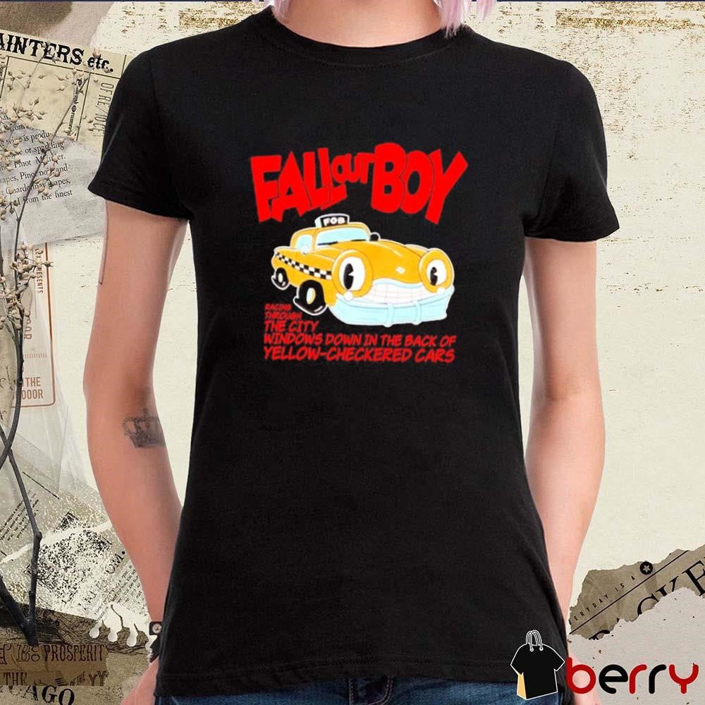 Falloutboy Racing Through The City Windows Down In The Dark Of Yellow Checkered Cars New t-shirt