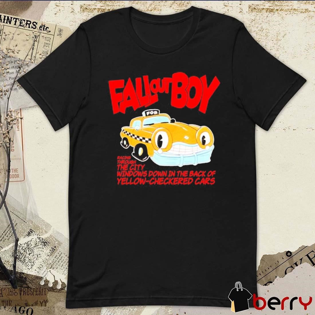 Falloutboy Racing Through The City Windows Down In The Dark Of Yellow Checkered Cars New t-shirt