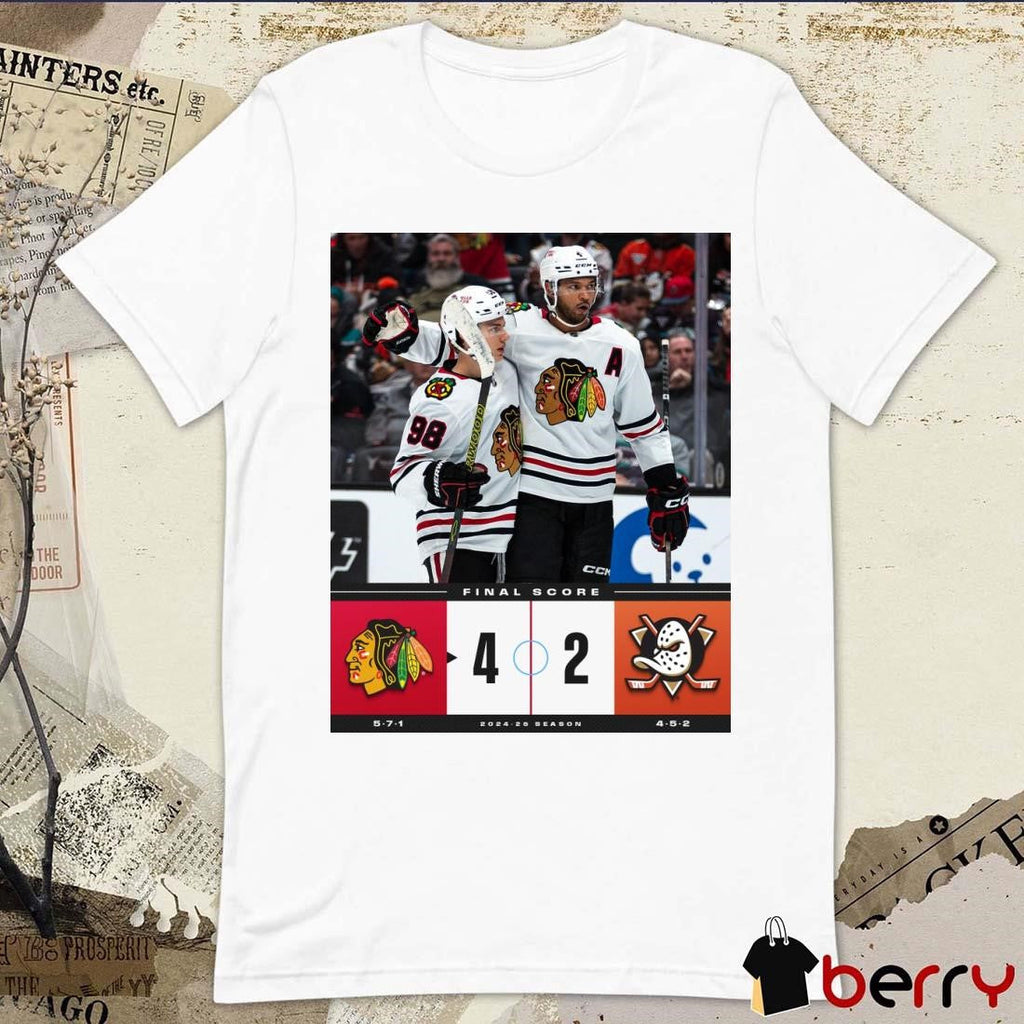 Final Score Chicago Blackhawks vs. Anaheim Ducks 4 – 2 2024-25 Season Poster t-shirt
