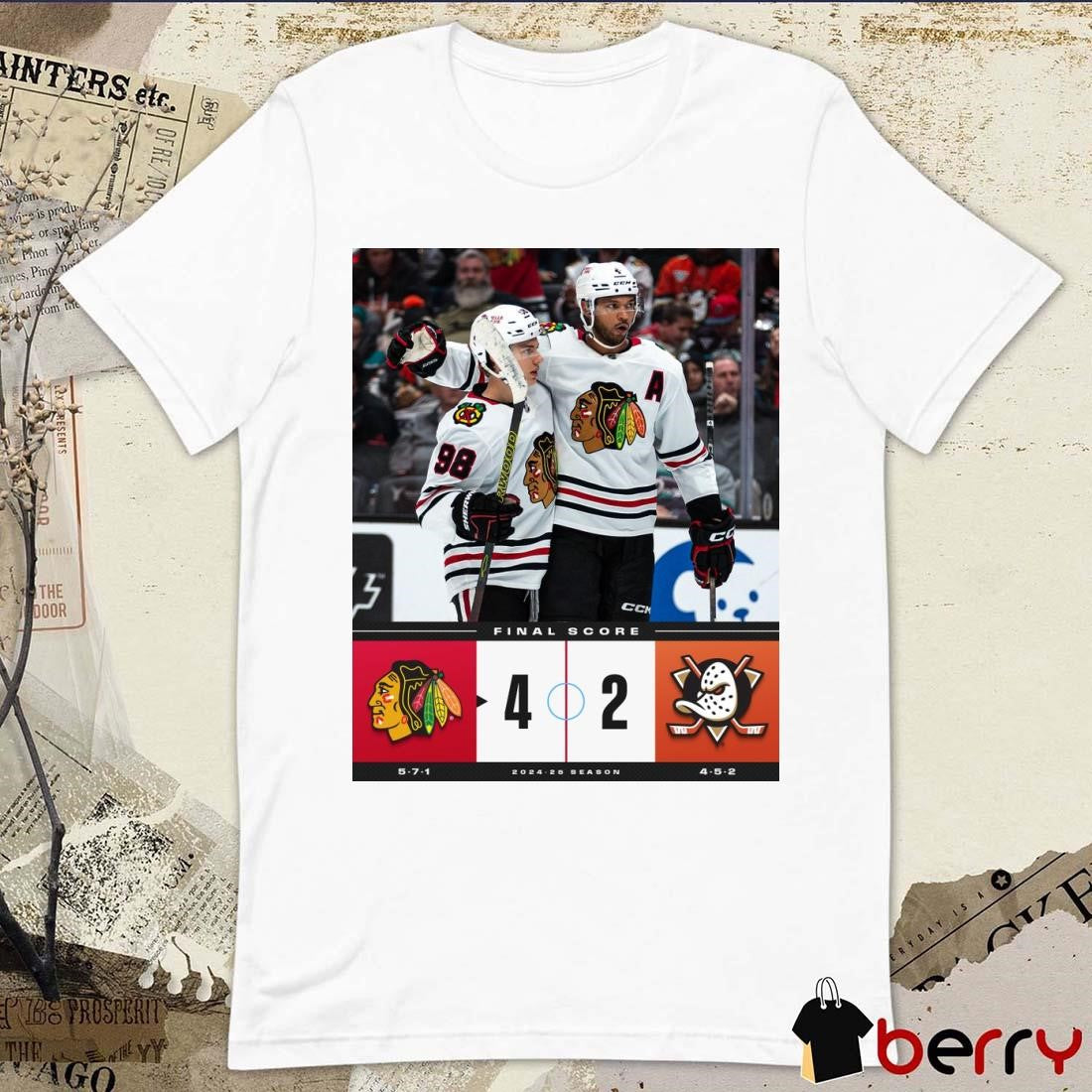 Final Score Chicago Blackhawks vs. Anaheim Ducks 4 – 2 2024-25 Season Poster t-shirt