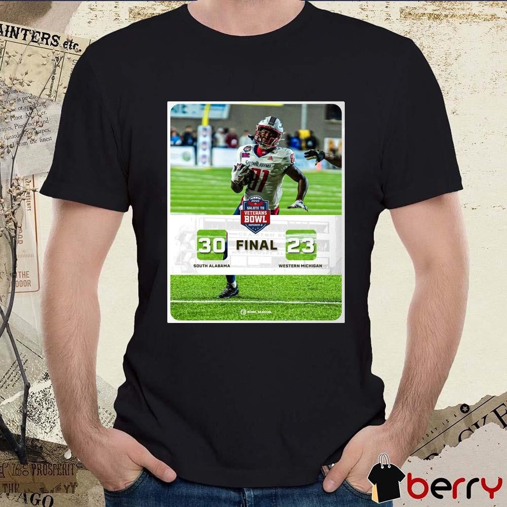 Final South Alabama Jaguars vs. Western Michigan Broncos 30 – 23 Score 2024 IS4S Salute to Veterans Bowl Poster t-shirt