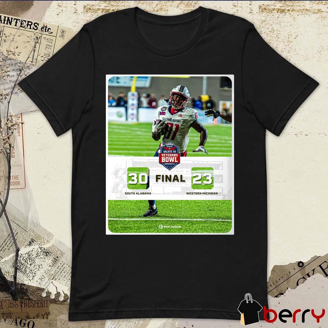 Final South Alabama Jaguars vs. Western Michigan Broncos 30 – 23 Score 2024 IS4S Salute to Veterans Bowl Poster t-shirt