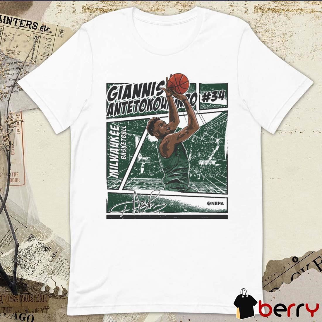 Giannis Antetokounmpo #34 Milwaukee Bucks Basketball Comic Signature t-shirt