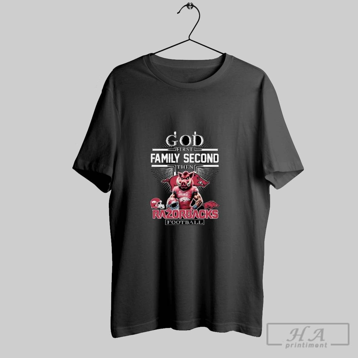 Official God First Family Second Then Arkansas Razorbacks Football Mascot 2025
