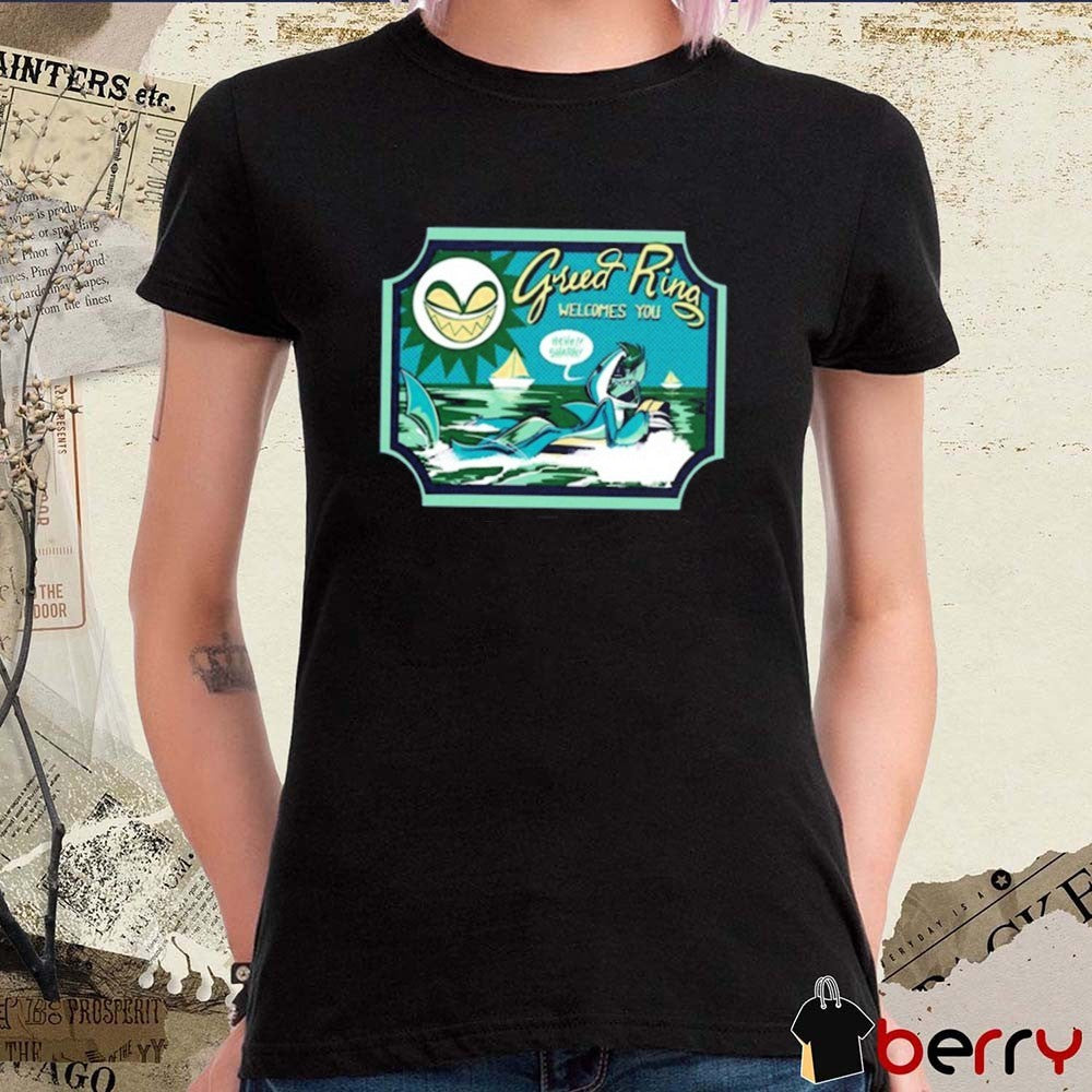 Greed Ring Welcomes You Shark Robot Helluva Boss Chaz Halloween Slasher 2025 t-shirt