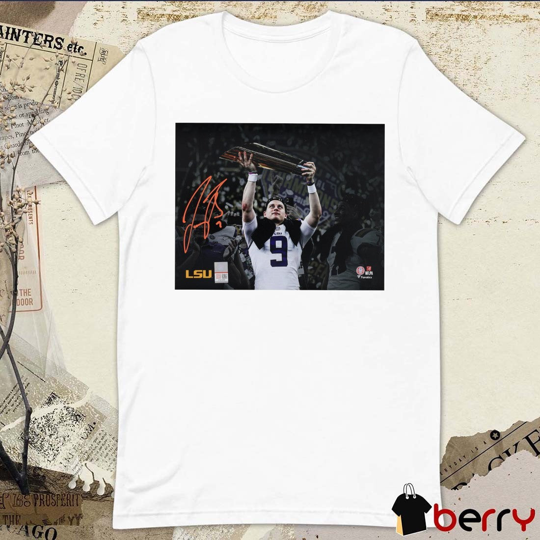 Joe Burrow LSU Tigers Holding CFP Championship Trophy Spotlight Photograph Signature t-shirt