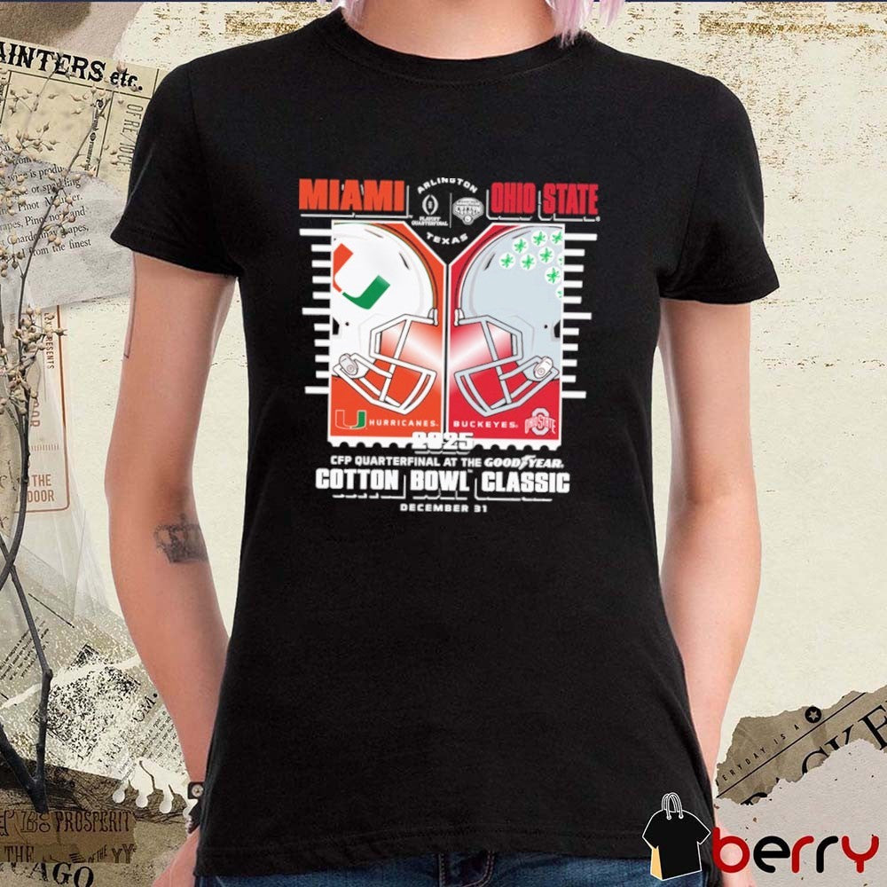 Miami Hurricanes vs. Ohio State Buckeyes 2025 At The Goodyear Cotton Bowl Classic December 31 Helmets t-shirt