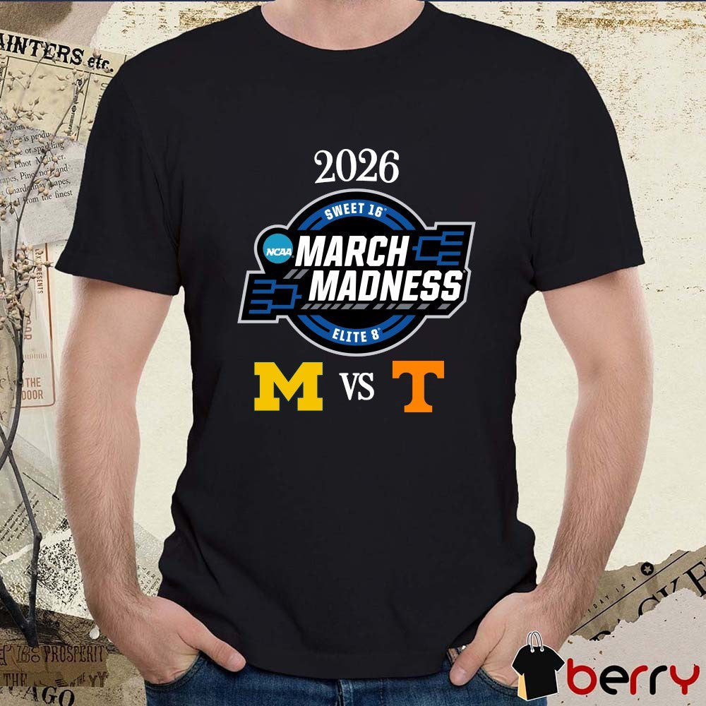 Michigan Wolverines vs Tennessee Volunteers 2026 NCAA Men’s March Madness Elite 8 Logos t-shirt