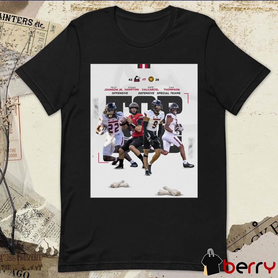 Northern Illinois Huskies vs. Western Michigan Broncos 42 – 28 Telly Johnson Jr. Ethan Hampton Nate Valcarcel Cam Thompson Poster t-shirt