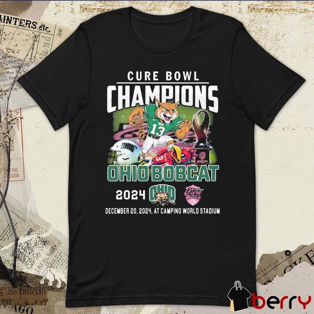 Ohio Bobcats Celebrating The Champions Of Cure Bowl At Camping World Stadium Dec 20 2024 Mascot t-shirt