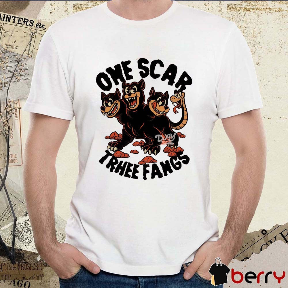 One Scar Trhee Fangs Three-Headed Dog Cerberus With A Snake-Like Tail t-shirt