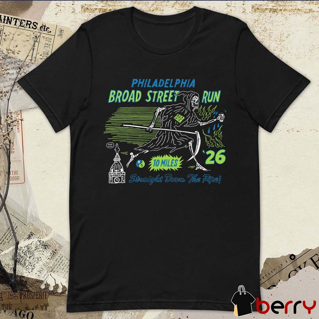 Philadelphia Broad Street Run Straight Down The Pipe 2026 Skeleton Graphic t-shirt