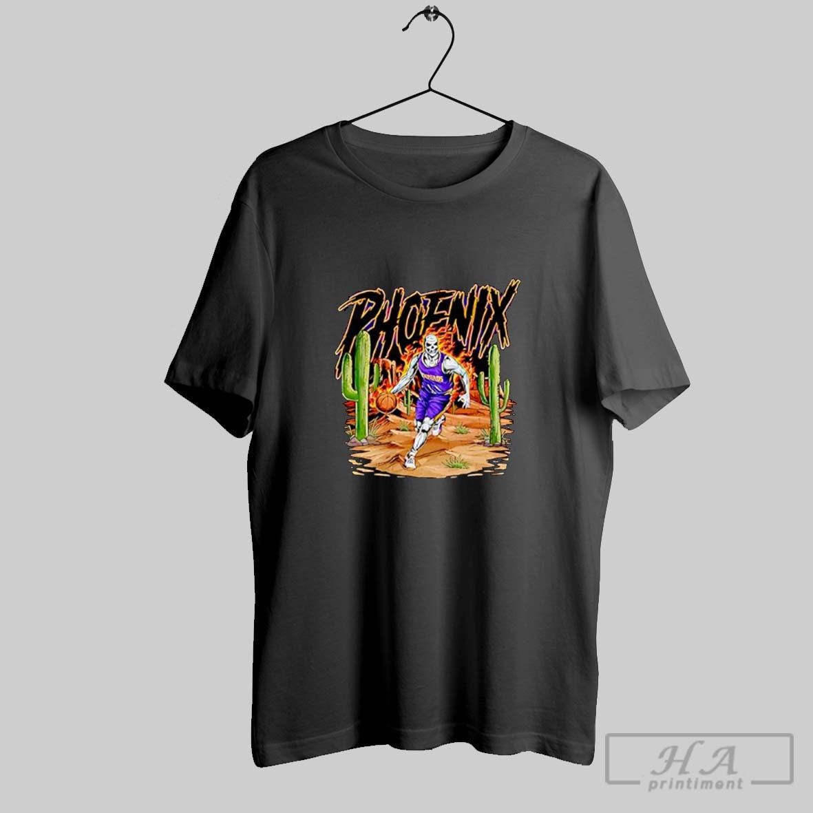 Official Phoenix Skeleton Dribbling Basketball In Desert With Cactus Posters Black