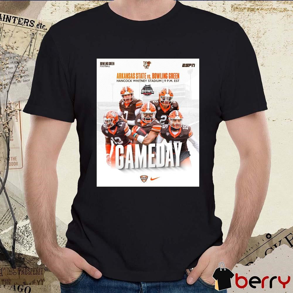 Poster Arkansas State Red Wolves vs. Bowling Green Falcons Hancock Whitney Stadium Ventures Bowl Gameday t-shirt