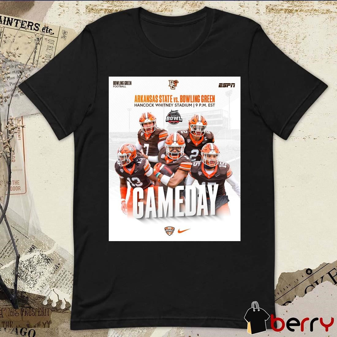Poster Arkansas State Red Wolves vs. Bowling Green Falcons Hancock Whitney Stadium Ventures Bowl Gameday t-shirt