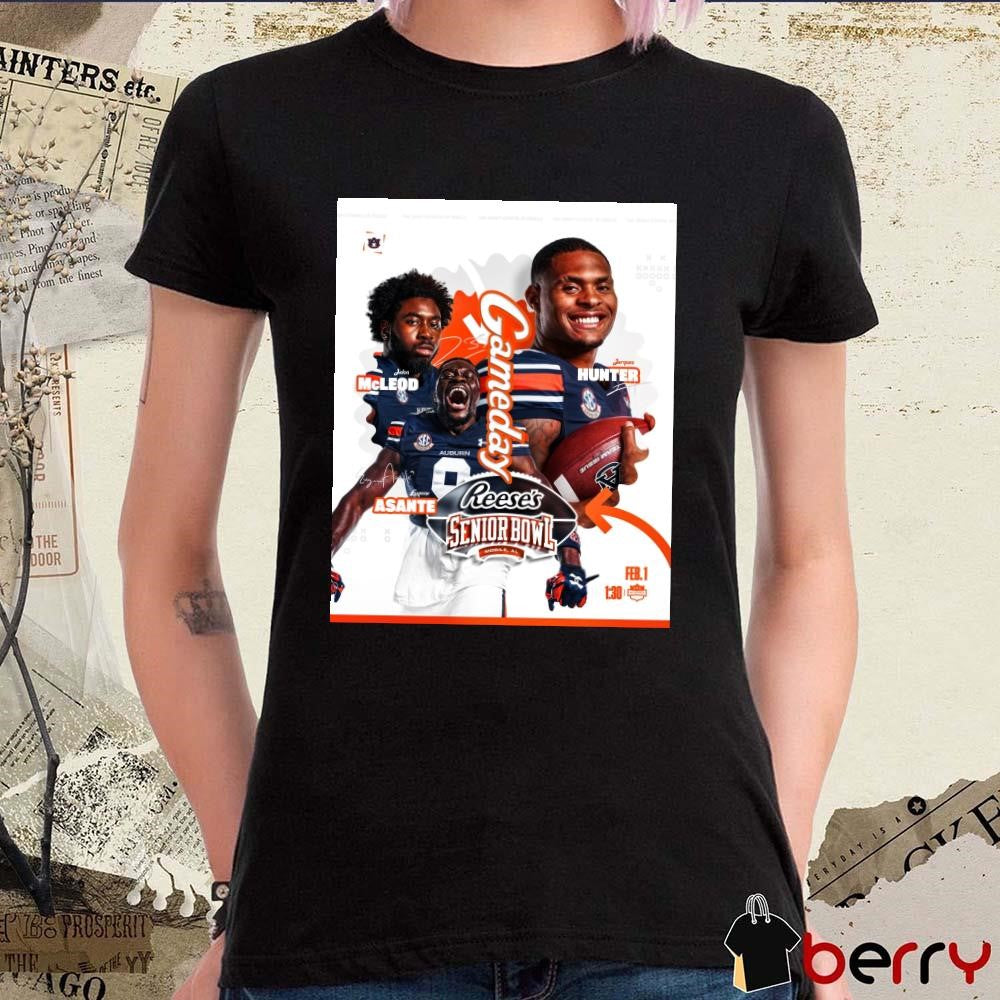 Poster Auburn Tigers Football 2025 Reese’s Senior Bowl Gameday Jalen McLeod Jarquez Hunter Eugene Asante Feb 1 Signatures t-shirt
