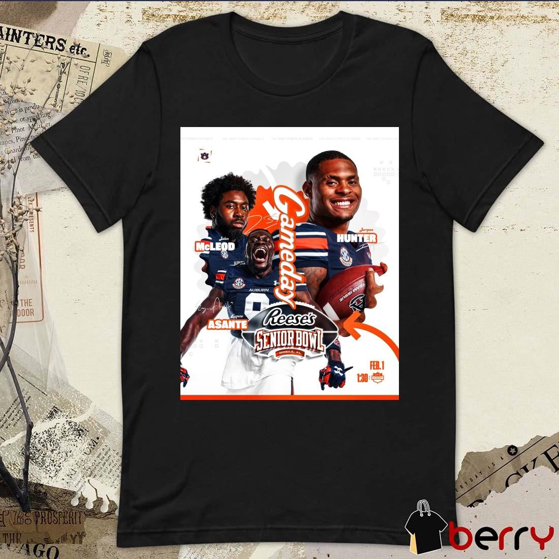 Poster Auburn Tigers Football 2025 Reese’s Senior Bowl Gameday Jalen McLeod Jarquez Hunter Eugene Asante Feb 1 Signatures t-shirt