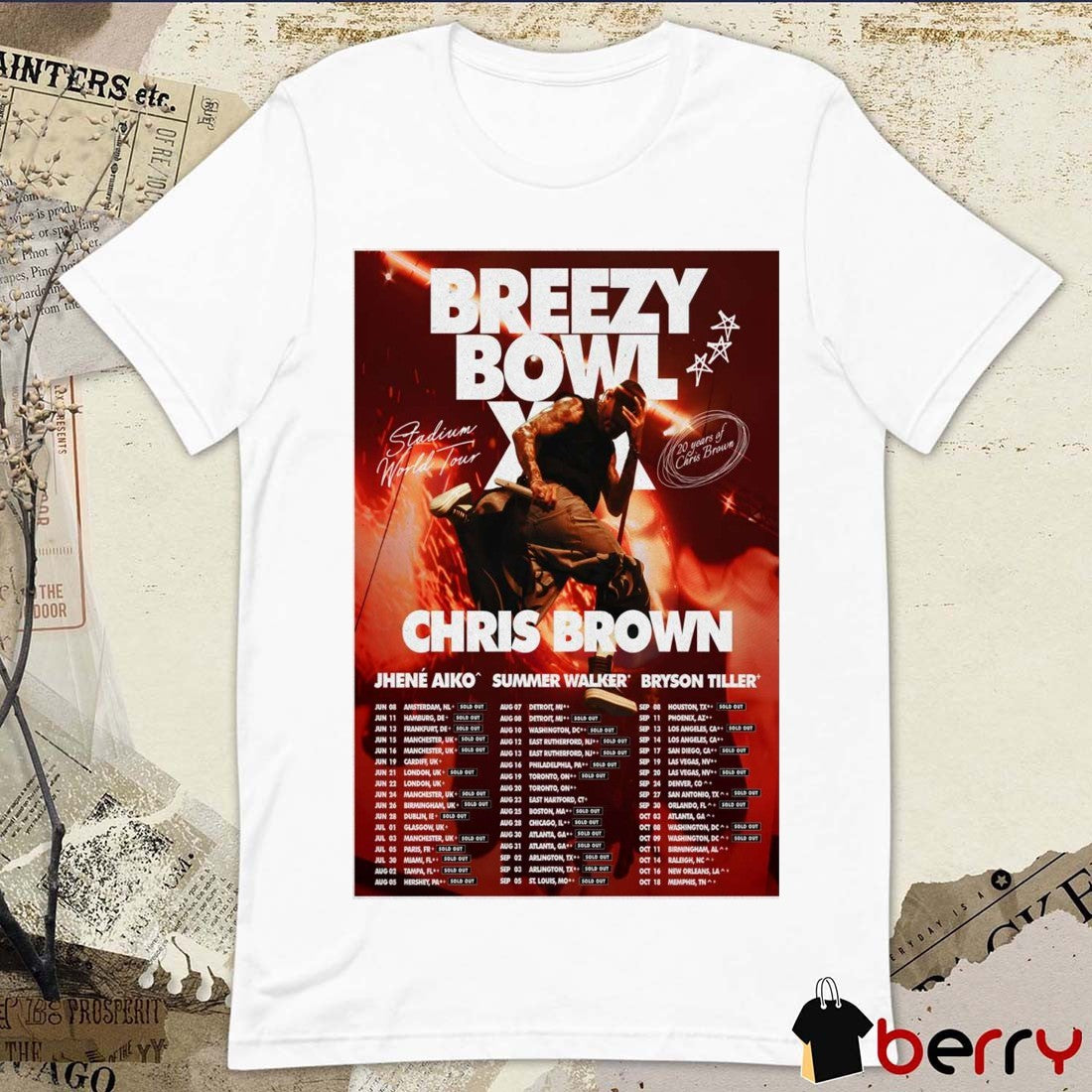 Poster Chris Brown 20 Year Stadium World Tour 2025 With Jhené Aiko Summer Walker Bryson Tiller t-shirt